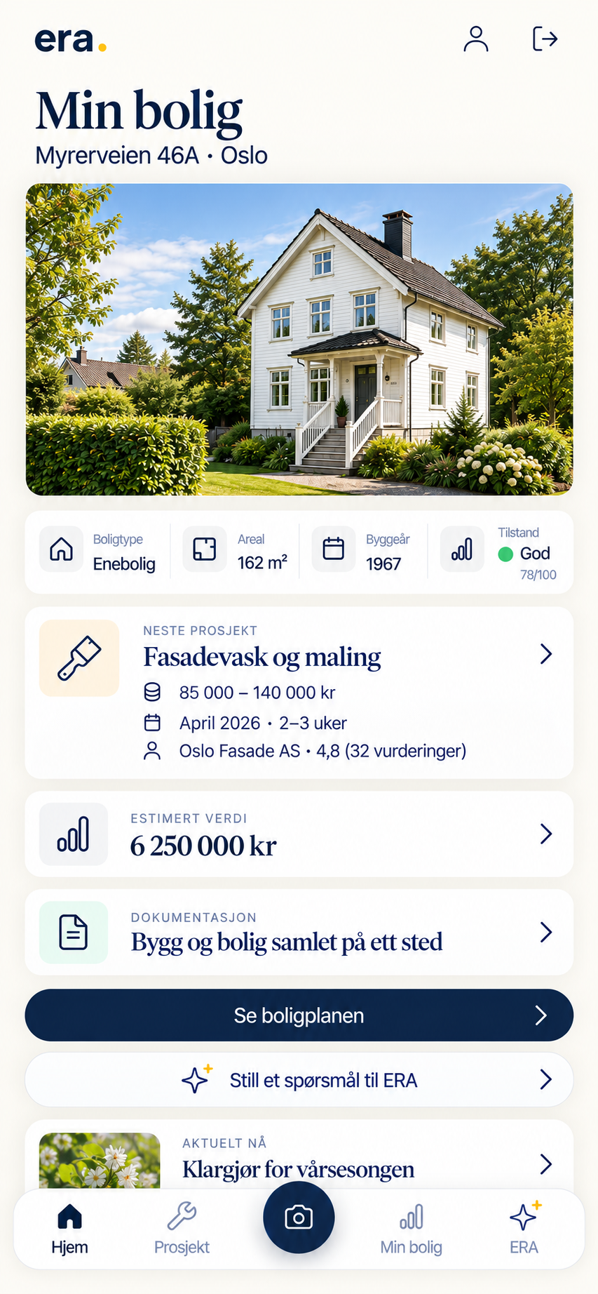ERA Bolig: Min bolig for Myrerveien 46A – enebolig fra 1967 på 162 m² med tilstand God 78 av 100, neste prosjekt «Fasadevask og maling» til 85 000–140 000 kr med oppstart april 2026 og Oslo Fasade AS, estimert verdi 6 250 000 kr og samlet dokumentasjon