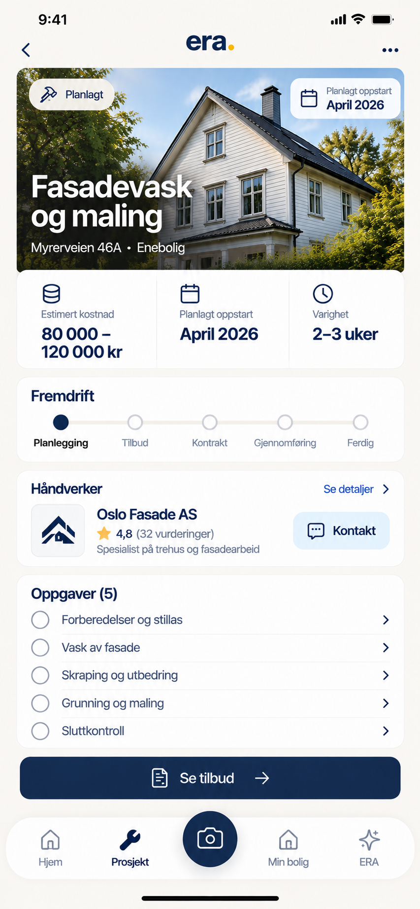 ERA Bolig: prosjektet «Fasadevask og maling» på Myrerveien 46A med estimert kostnad 80 000–120 000 kr, planlagt oppstart april 2026, fremdrift, håndverker og fem oppgaver