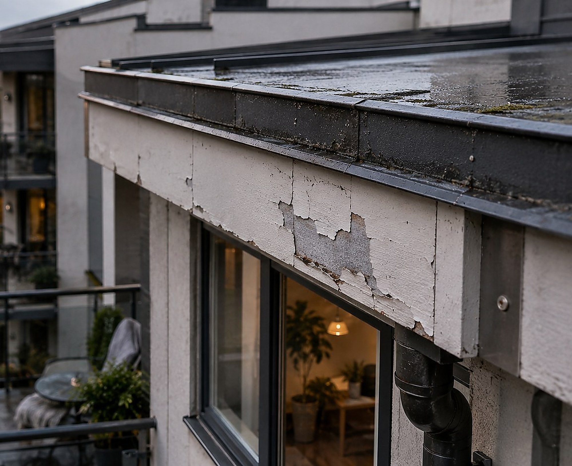 Byggets fasade, tak og vinduer — sett fra balkongen